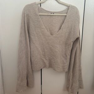 Free People Beige V-Neck Ribbed Sweater